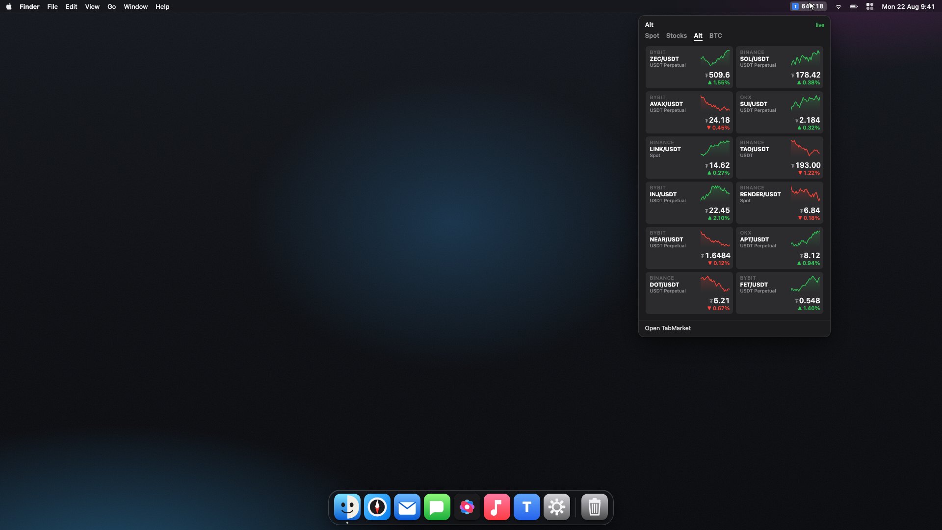 Full-screen macOS desktop: TabMarket in the menu bar, watchlist popover open