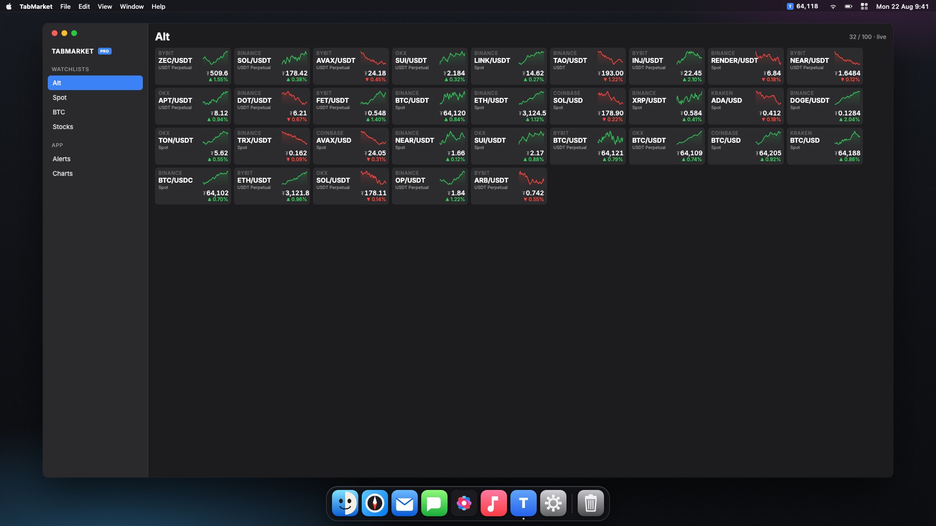 Full-screen macOS desktop with the native TabMarket app